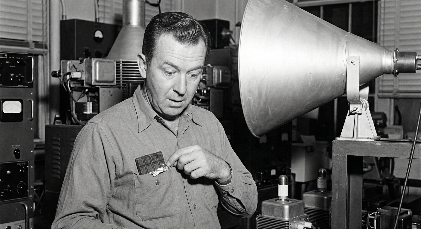 A close-up of Spencer's surprised reaction as he discovers the melted chocolate in his pocket. The same radar equipment from the previous image is visible in the background.